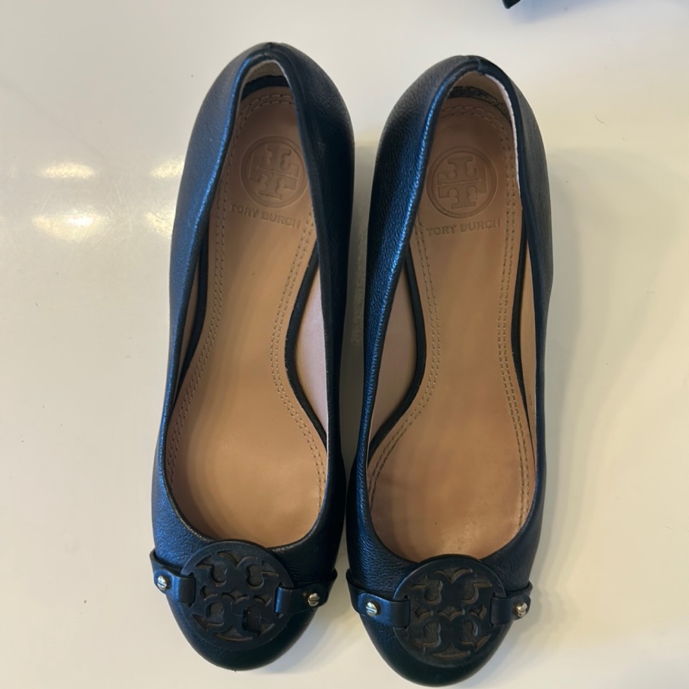 Tory Burch Black Leather Wedge Heels, Size 6.5